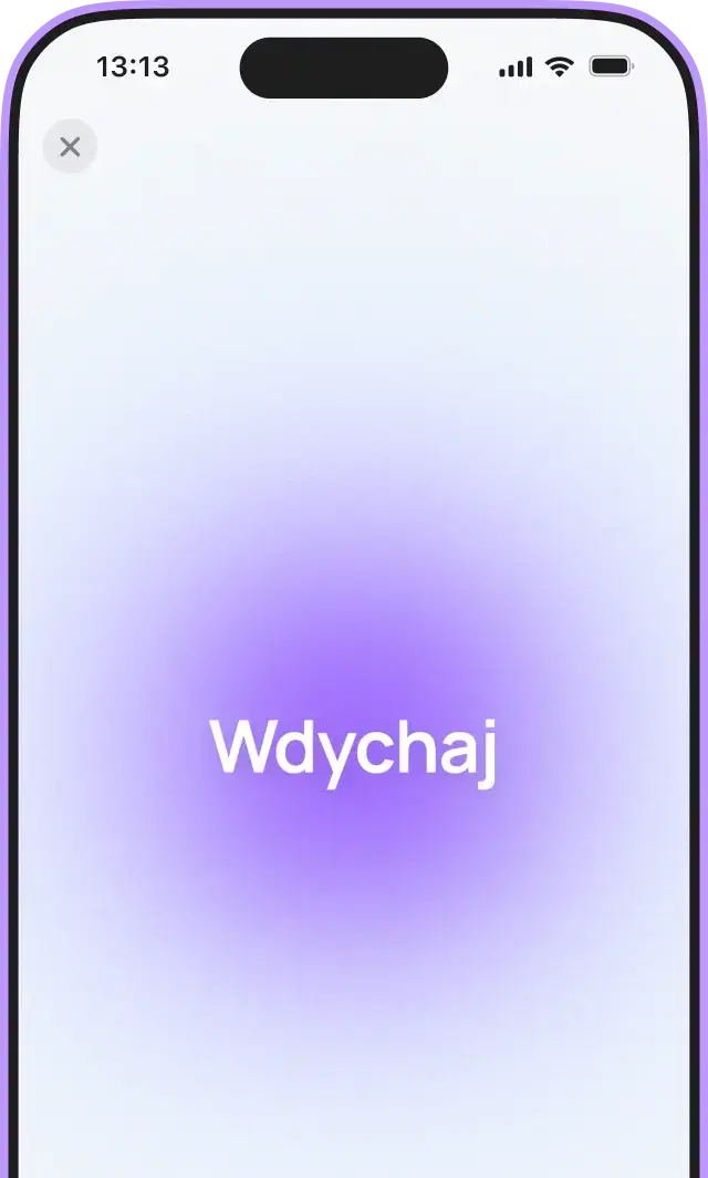 Smartfon wyświetlający ekran techniki oddychania z napisem „Wdech”, mający na celu redukcję napięcia emocjonalnego