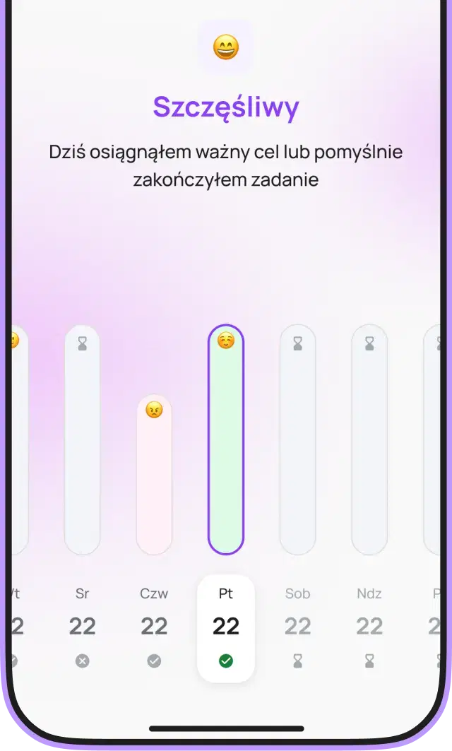 Smartfon wyświetlający ekran monitorowania nastroju ze statusem „Szczęśliwy” oraz wykresem zmian emocjonalnych w ciągu tygodnia