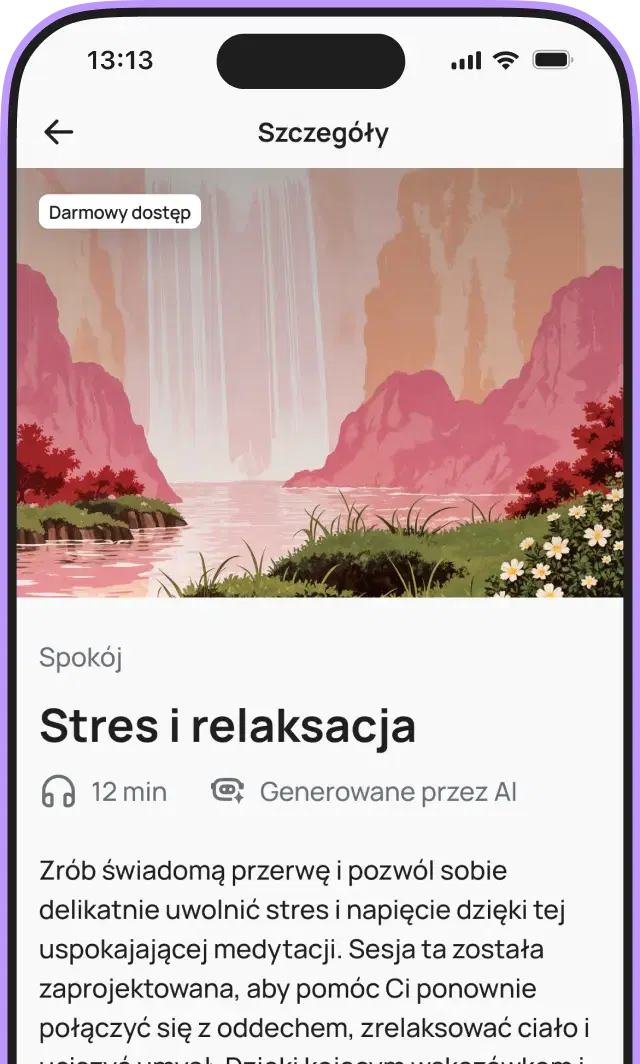 Ekran aplikacji mobilnej z ćwiczeniami wellness i programami medytacji. W górnej części znajdują się karty „Oddychanie” i „Monitorowanie nastroju”. Poniżej lista programów medytacyjnych w kategoriach: Dla Ciebie, Spokój, Sen, Równowaga, Wzrost, Koncentracja, Inspiracja i Duch. Niektóre programy są bezpłatne, inne wymagają subskrypcji.