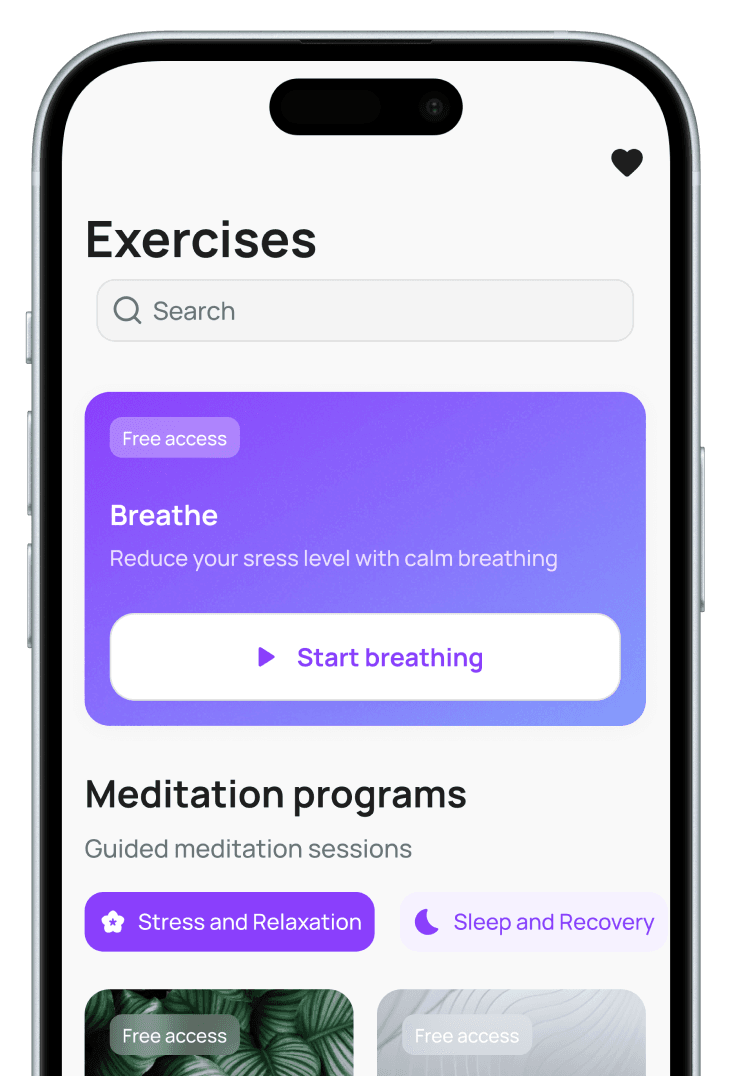 Smartphone screen showing the stress management app interface with exercises and meditation programs