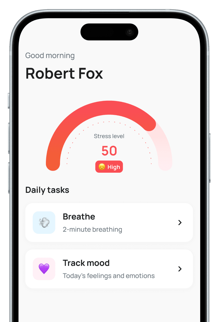 Smartphone displaying a dashboard screen showing the user's stress level and daily tasks such as breathing exercises and mood tracking