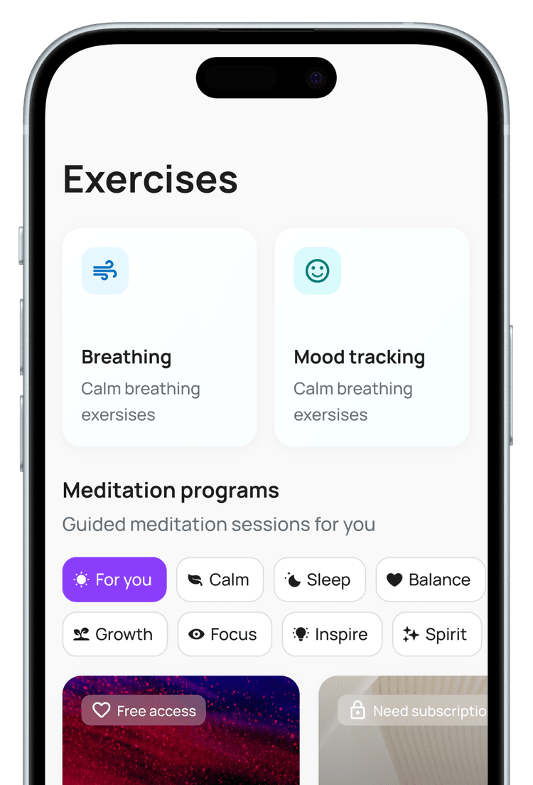 Mobile app screen showing wellness exercises and meditation programs. The top section has cards for 'Breathing' and 'Mood tracking' exercises. Below, meditation programs are listed with categories like For you, Calm, Sleep, Balance, Growth, Focus, Inspire, and Spirit. Some programs show free access or require a subscription.