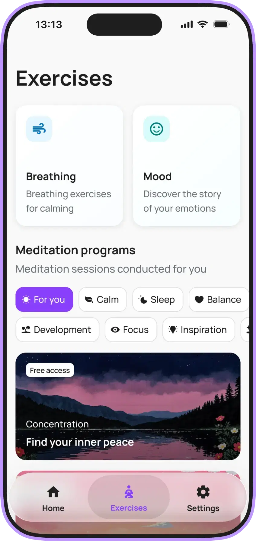 Smartphone displaying a screen with daily tasks and meditation programs
