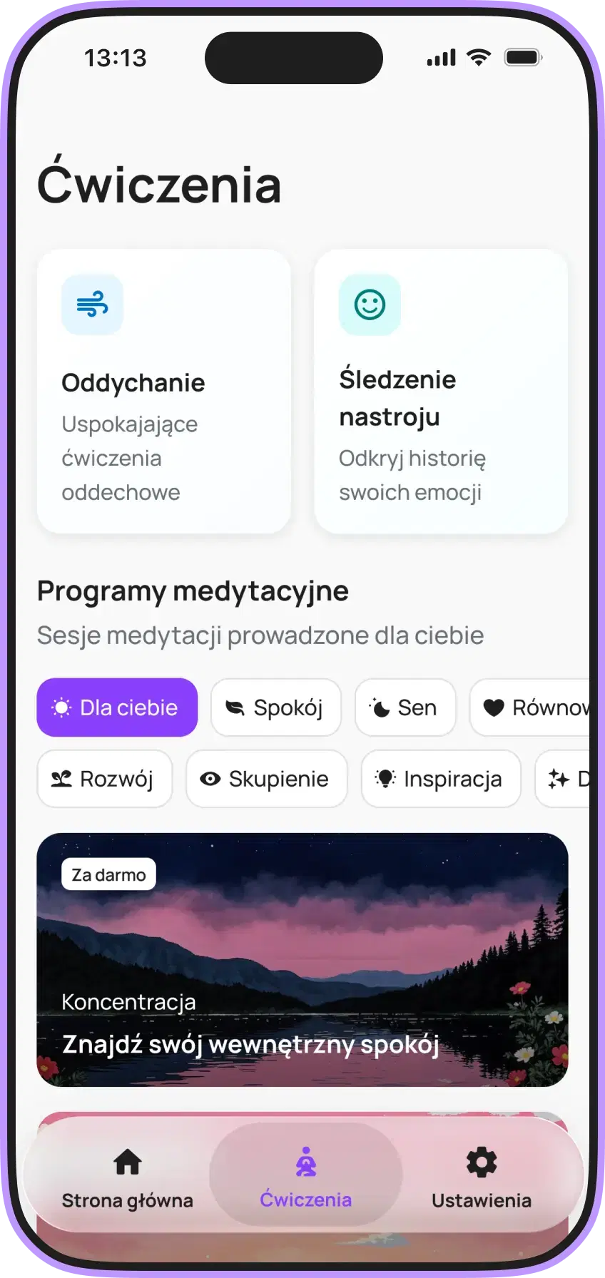 Smartfon wyświetlający ekran z codziennymi zadaniami i programami medytacyjnymi