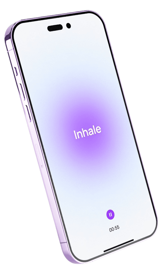 Smartphone displaying a breathing screen with the text 'Inhale'