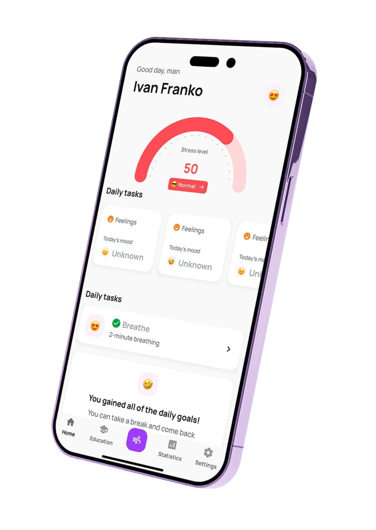 Smartphone displaying a screen with daily tasks for stress reduction and a stress level indicator