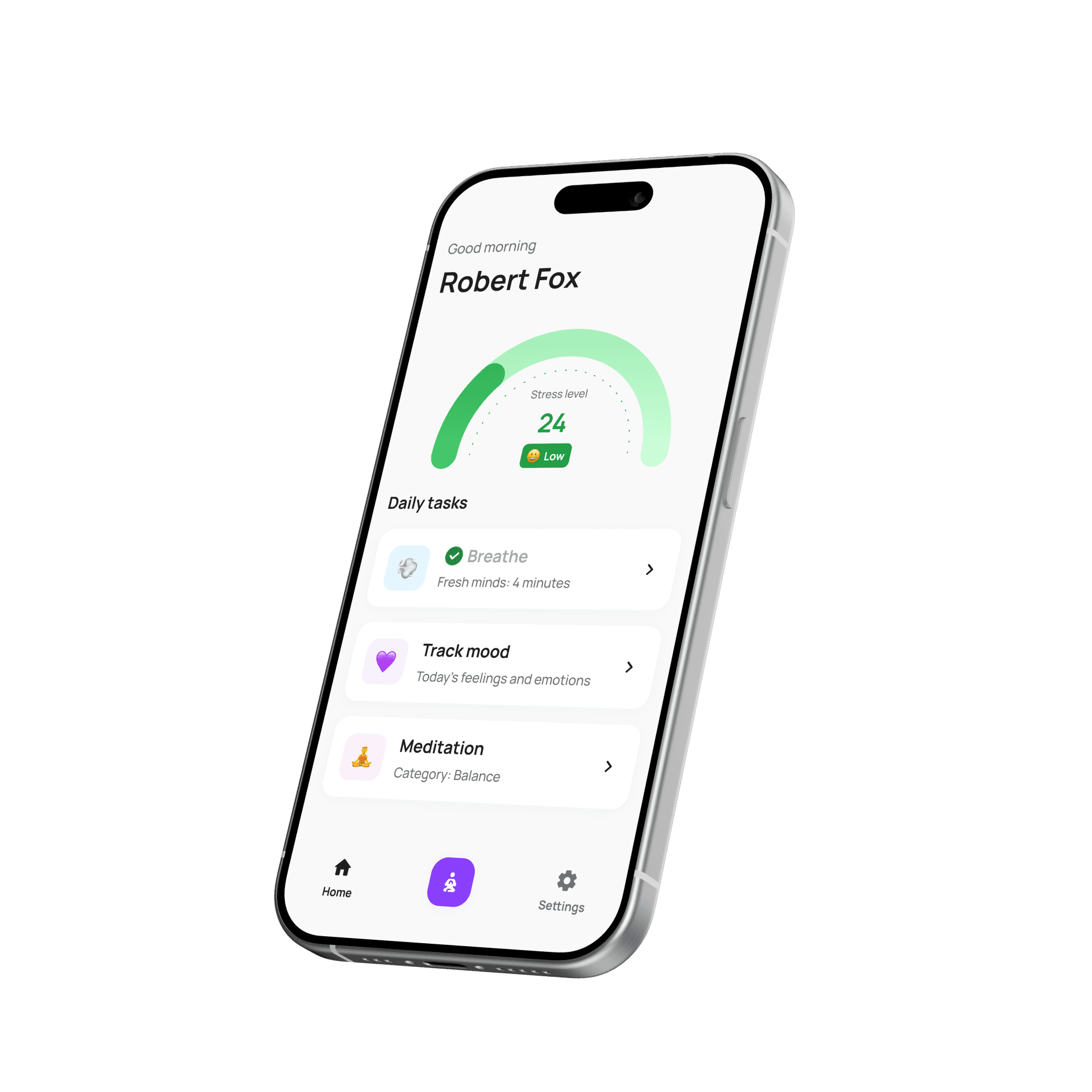 Smartphone displaying a screen with daily tasks for stress reduction and a stress level indicator